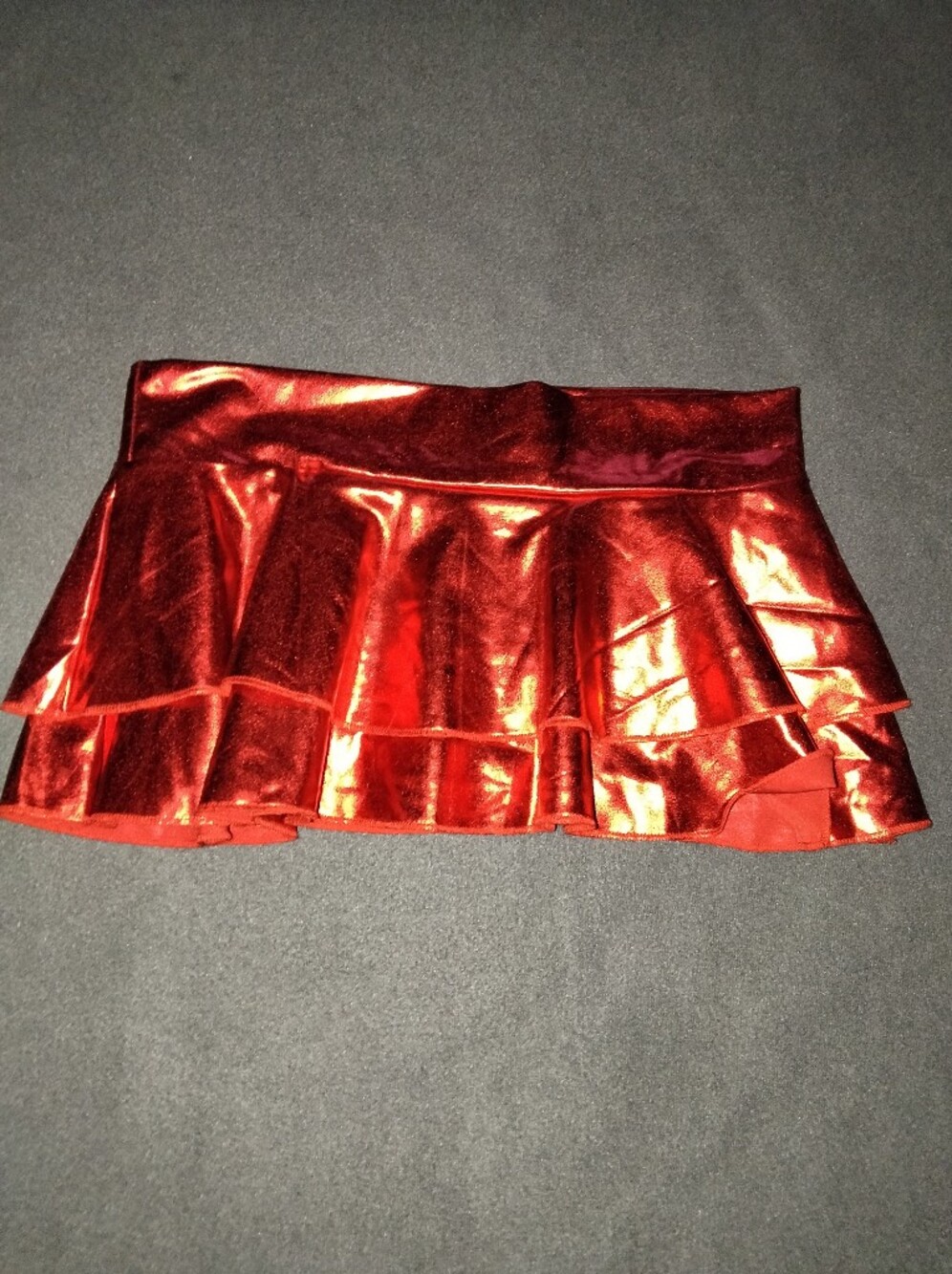 Metallic Red Circle Skirt — High-Shine Flared Mini